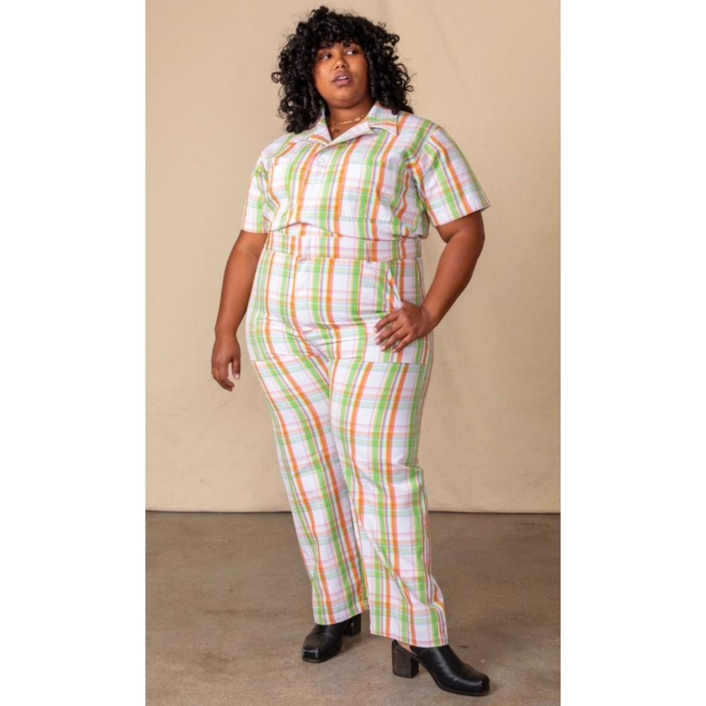 Big Bud Press Spring Rainbow Plaid Unisex Short Sleeve Jumpsuit Size 4X In White